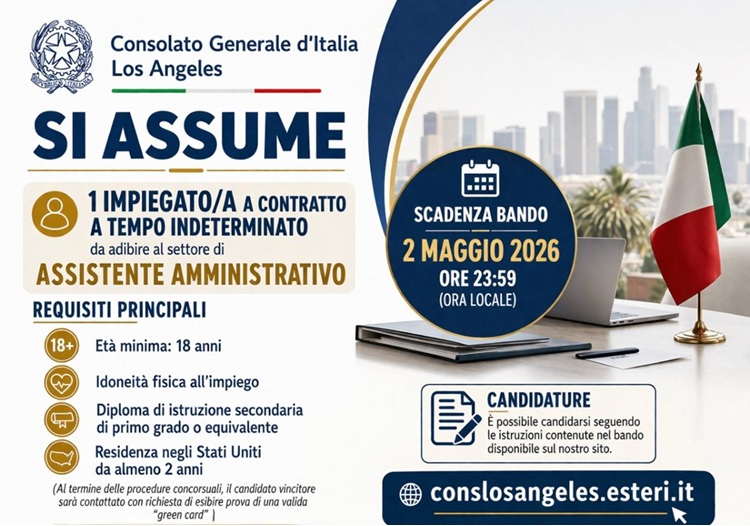Cartolina annuncio assunzione assistente amministrato del Consolato Generale d'Italia, Los Angeles